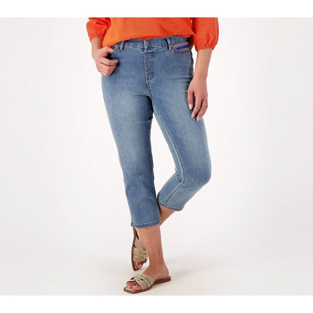 Denim and Co Canyon Retreat Crop Jean w/ Embroidered Pocket Womens 8 Indigo NEW
